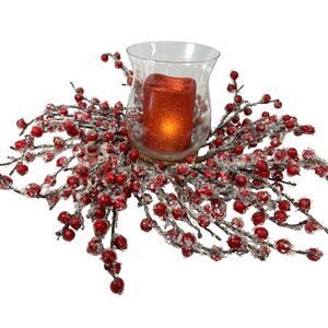 Frosted Red Berry Candle Holder Centerpiece With Glass Vase